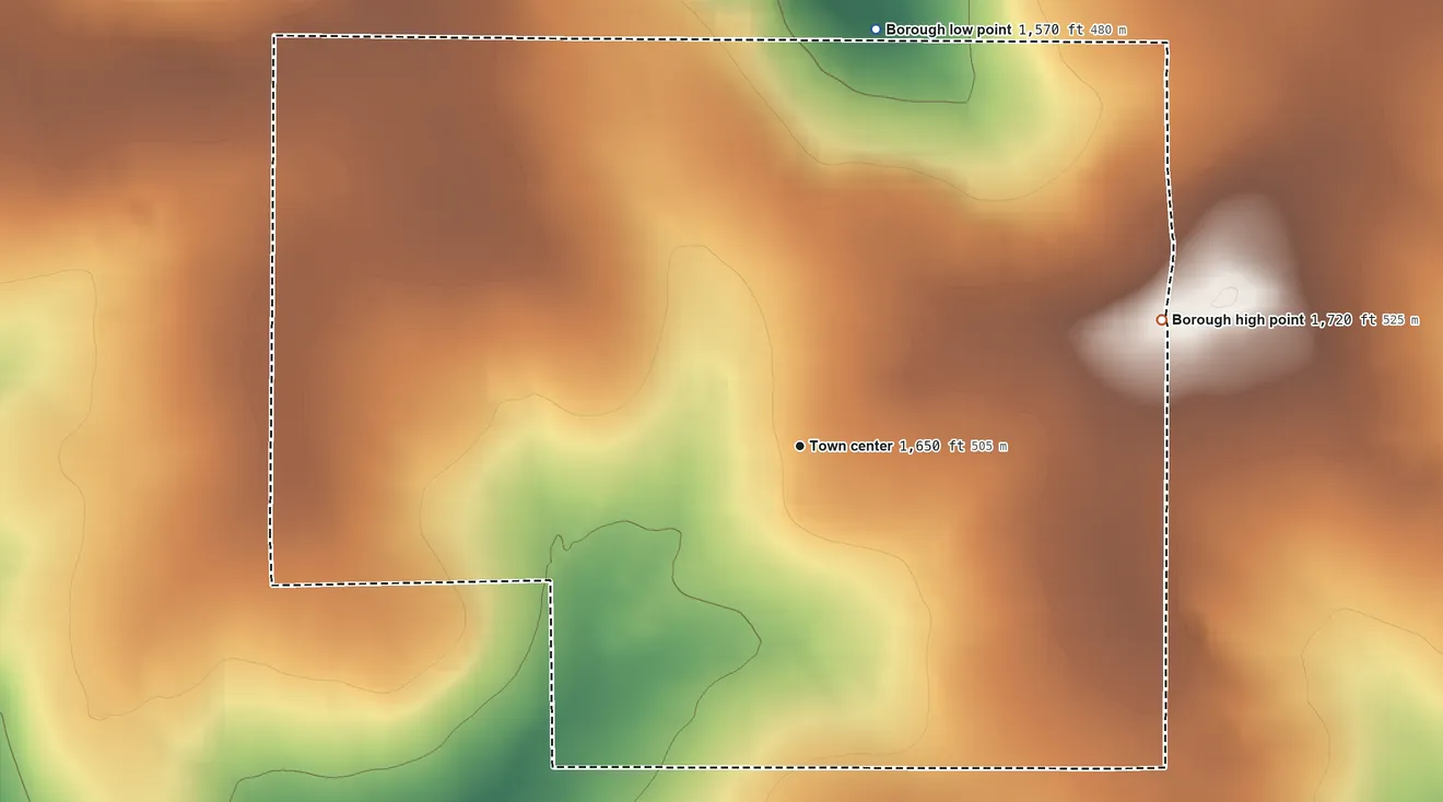 Topographic elevation map of Pleasantville, Pennsylvania, shaded from 1,570 ft on the north side to 1,720 ft on the east side