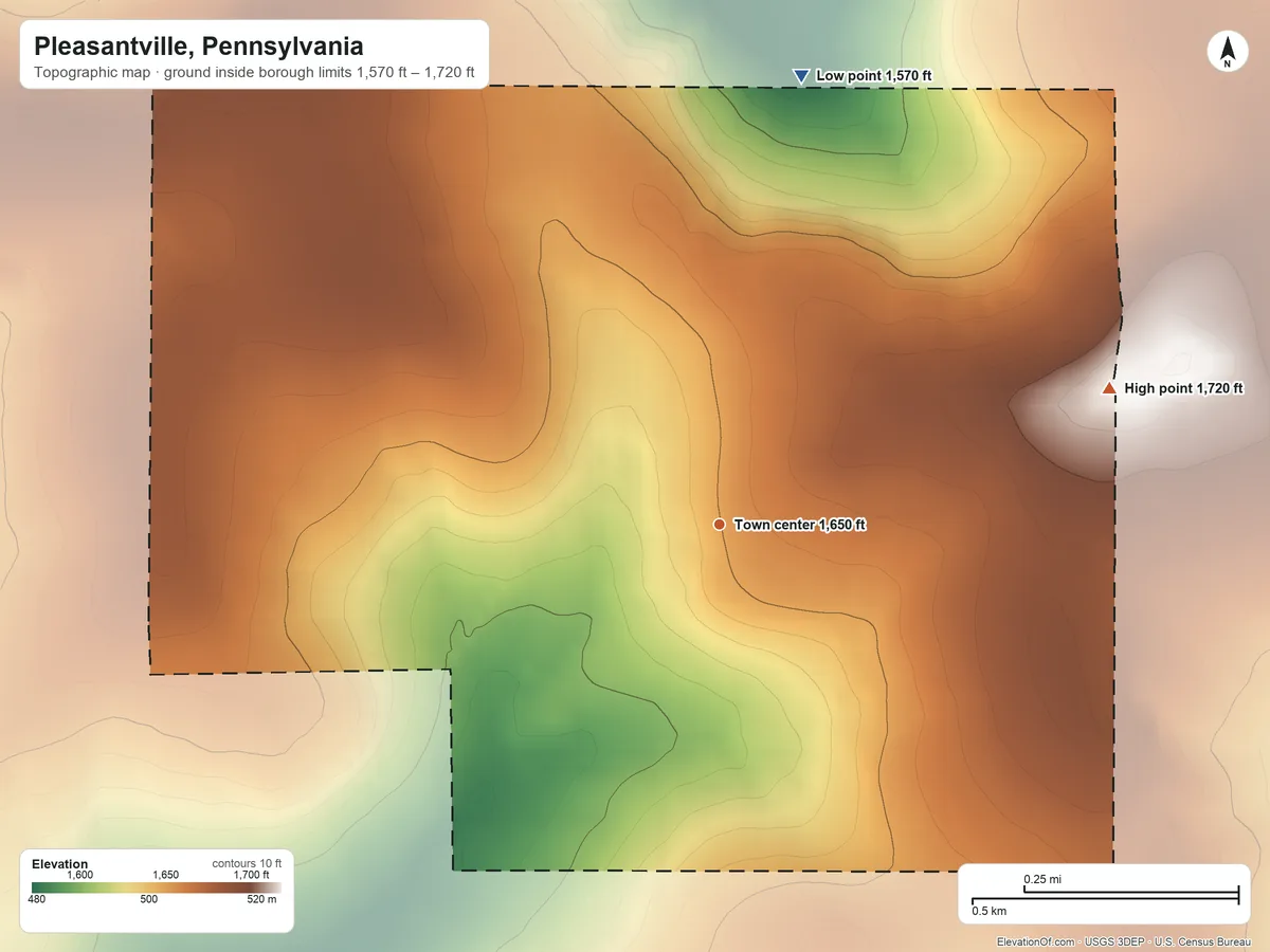Topographic elevation map of Pleasantville, Pennsylvania, shaded from 1,570 ft on the north side to 1,720 ft on the east side
