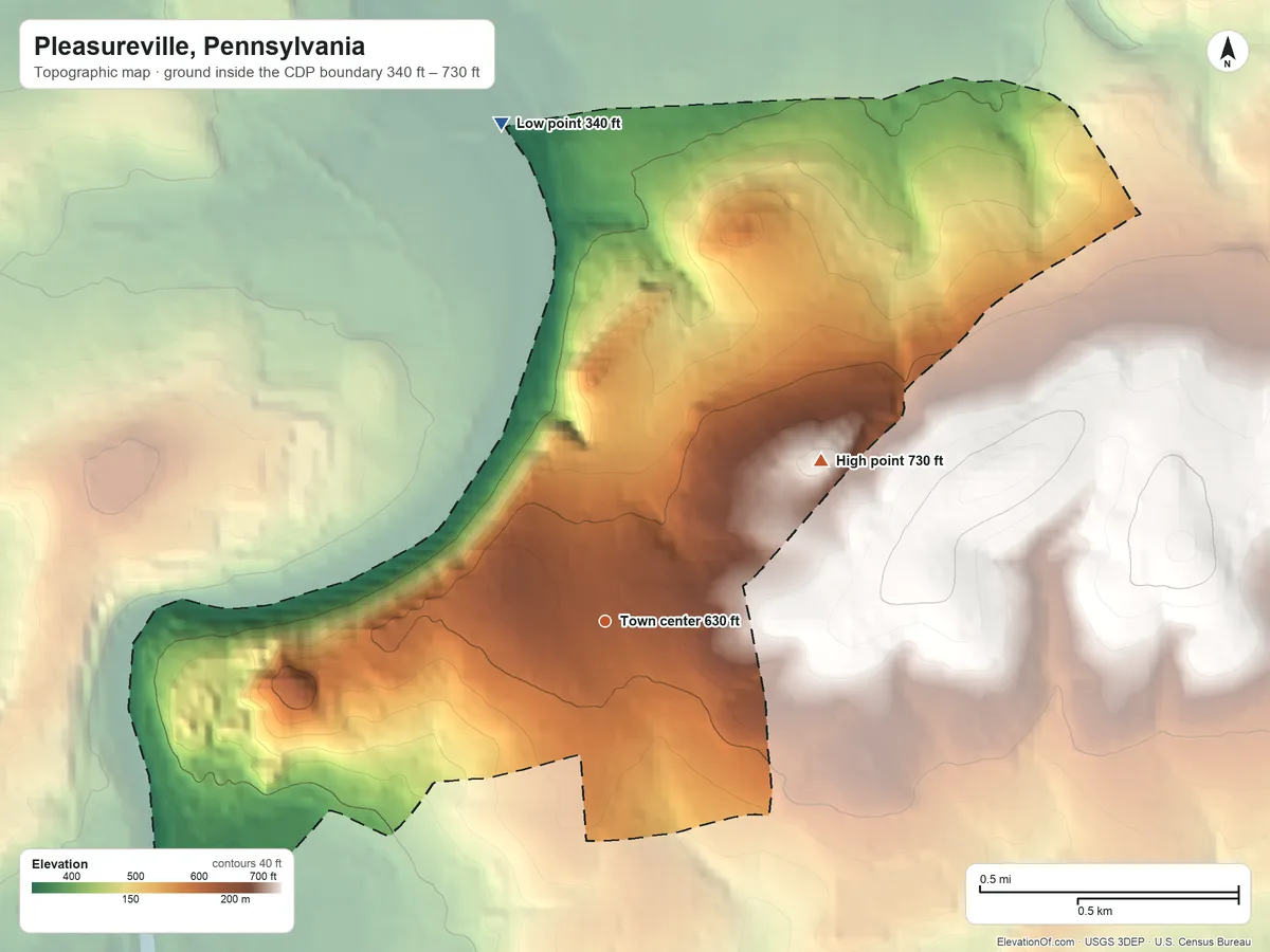 Topographic elevation map of Pleasureville, Pennsylvania, shaded from 340 ft on the north side to 730 ft on the northeast side