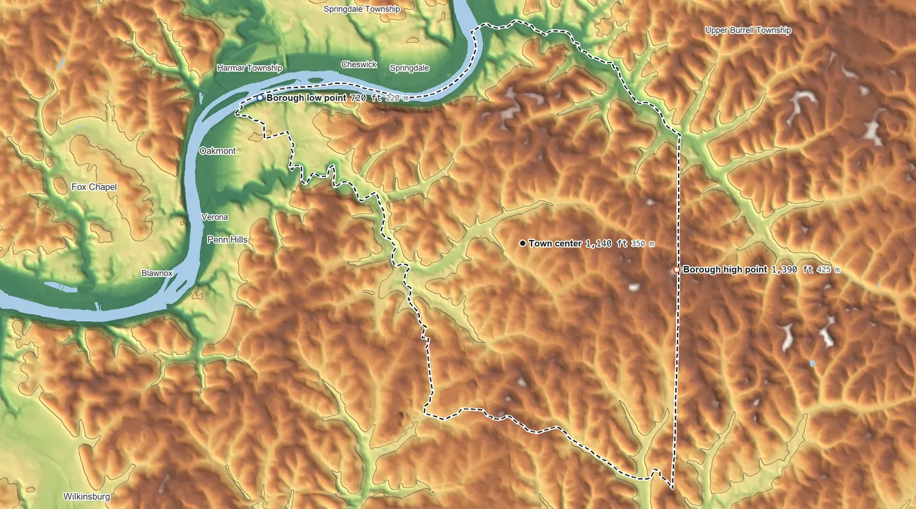 Topographic elevation map of Plum, Pennsylvania, shaded from 720 ft on the northwest side to 1,390 ft on the east side