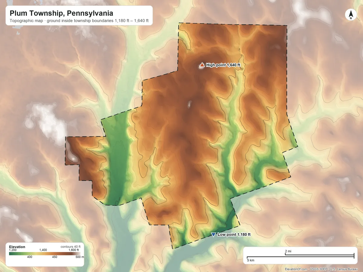 Topographic elevation map of Plum Township, Pennsylvania, shaded from 1,180 ft on the south side to 1,640 ft on the north side