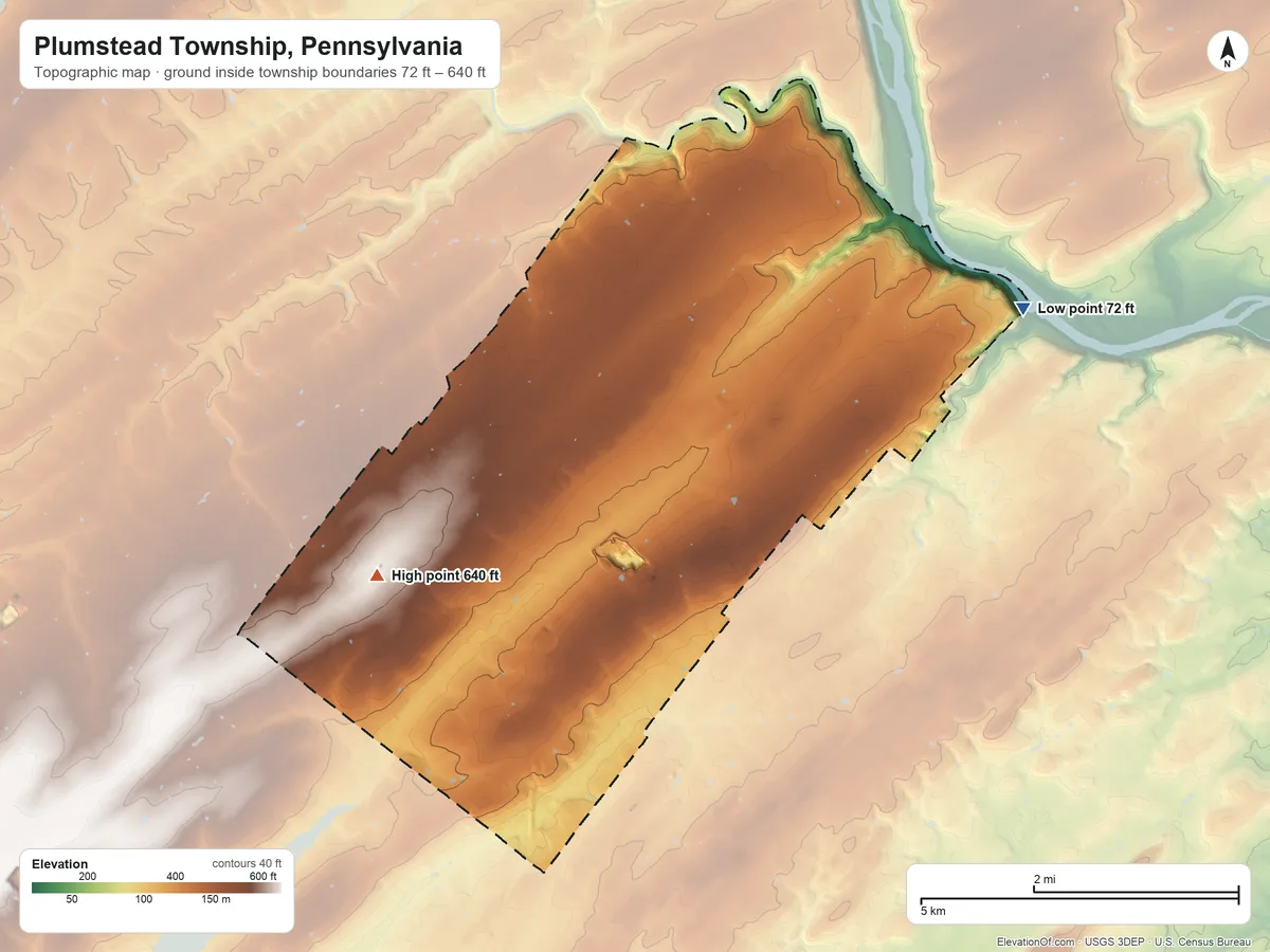 Topographic elevation map of Plumstead Township, Pennsylvania, shaded from 72 ft on the northeast side to 640 ft on the west side