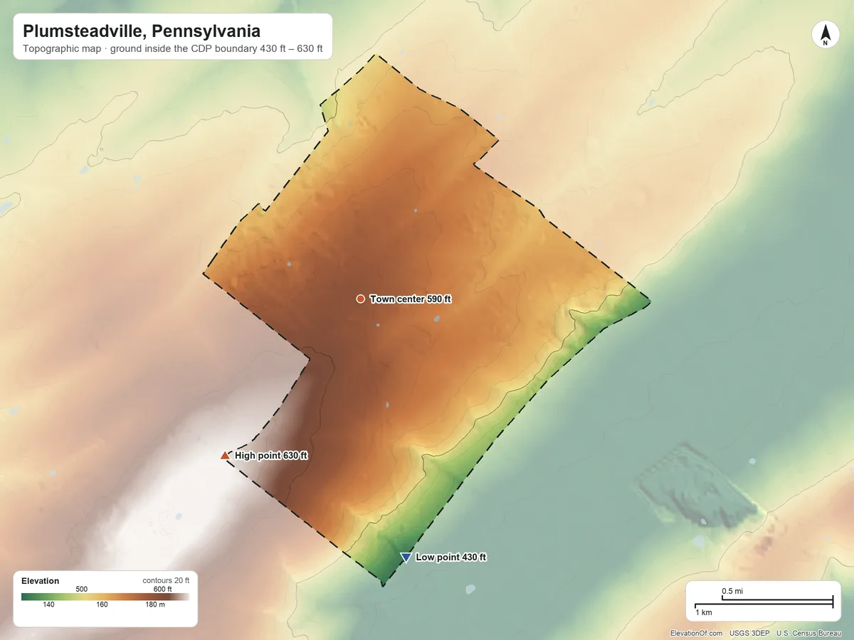 Topographic elevation map of Plumsteadville, Pennsylvania, shaded from 430 ft on the south side to 630 ft on the southwest side