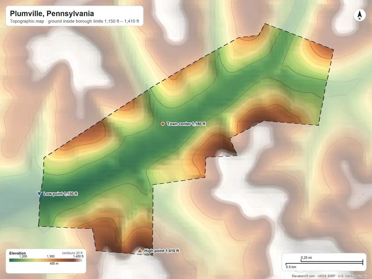 Topographic elevation map of Plumville, Pennsylvania, shaded from 1,150 ft on the southwest side to 1,410 ft on the south side