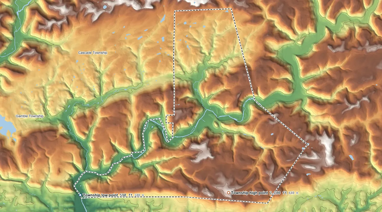 Topographic elevation map of Plunketts Creek Township, Pennsylvania, shaded from 590 ft on the southwest side to 2,100 ft on the southeast side