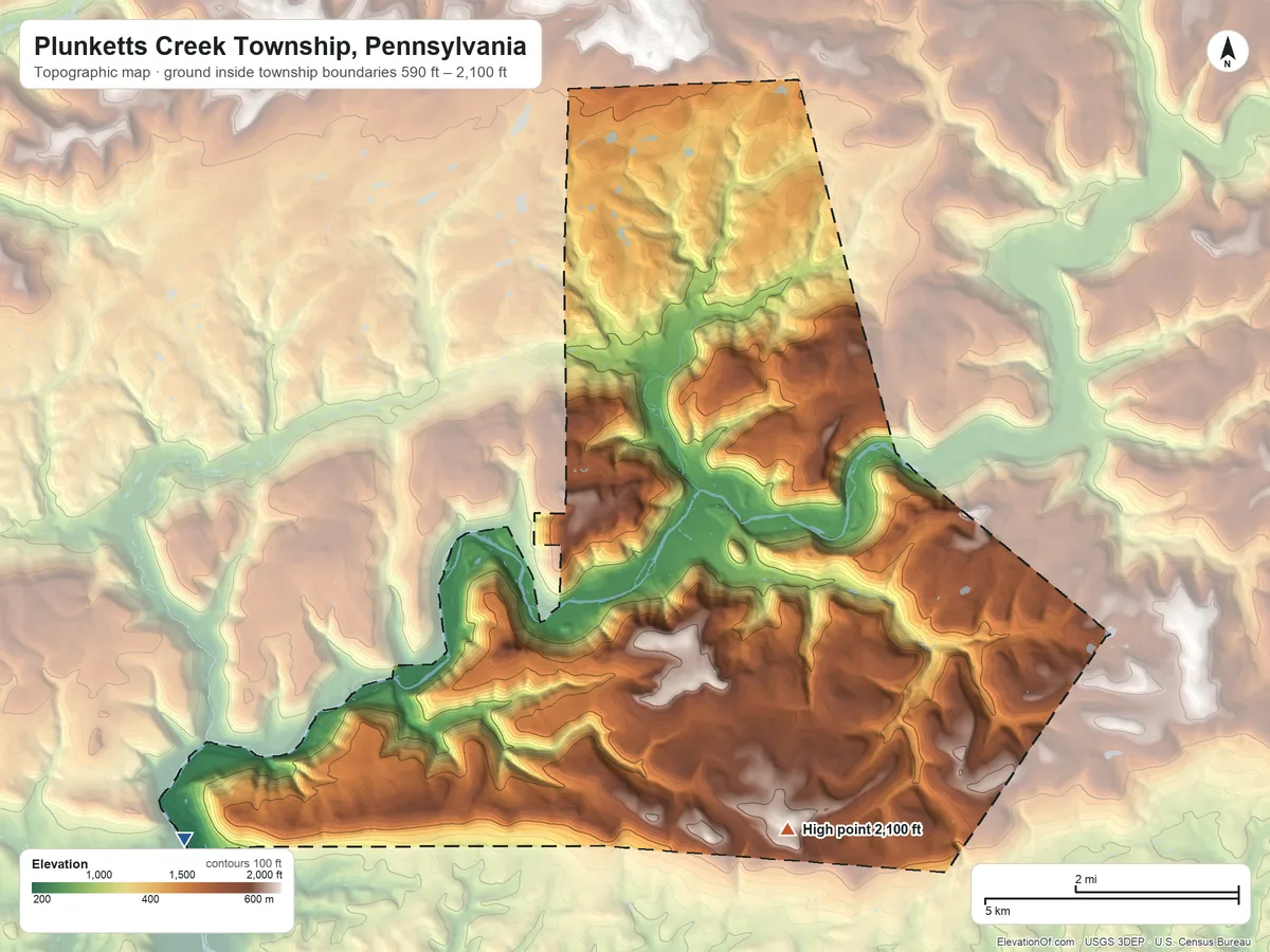 Topographic elevation map of Plunketts Creek Township, Pennsylvania, shaded from 590 ft on the southwest side to 2,100 ft on the southeast side