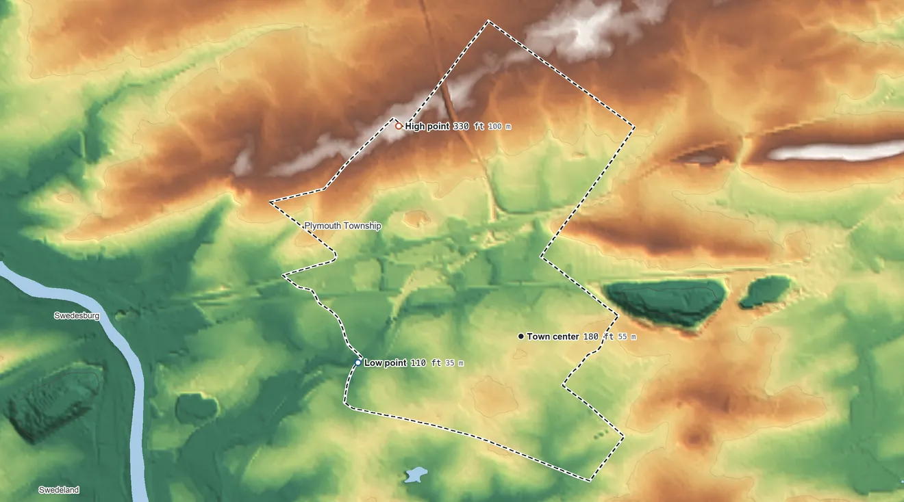 Topographic elevation map of Plymouth Meeting, Pennsylvania, shaded from 110 ft on the west side to 330 ft on the northwest side