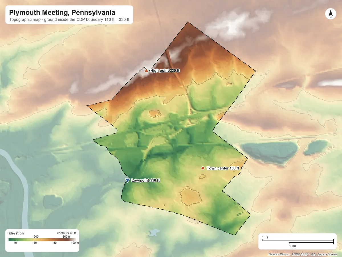 Topographic elevation map of Plymouth Meeting, Pennsylvania, shaded from 110 ft on the west side to 330 ft on the northwest side