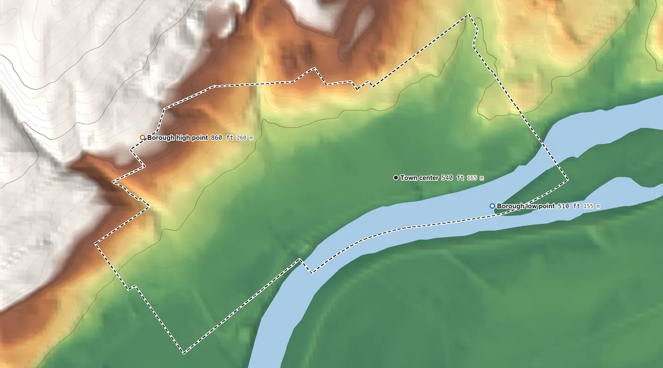 Topographic elevation map of Plymouth, Pennsylvania, shaded from 510 ft on the east side to 860 ft on the west edge, below higher ground just outside