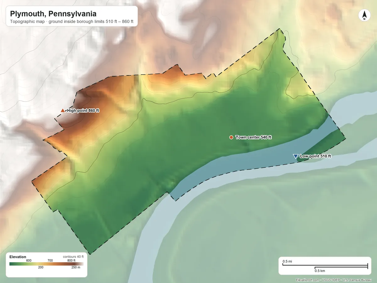 Topographic elevation map of Plymouth, Pennsylvania, shaded from 510 ft on the east side to 860 ft on the west edge, below higher ground just outside