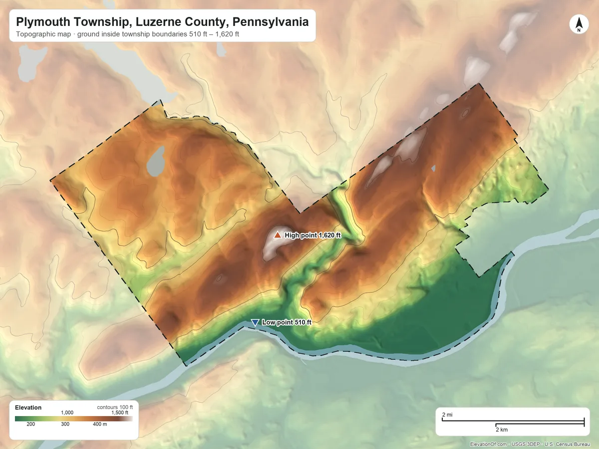 Topographic elevation map of Plymouth Township, Luzerne County, Pennsylvania, shaded from 510 ft on the southwest side to 1,620 ft on the west side