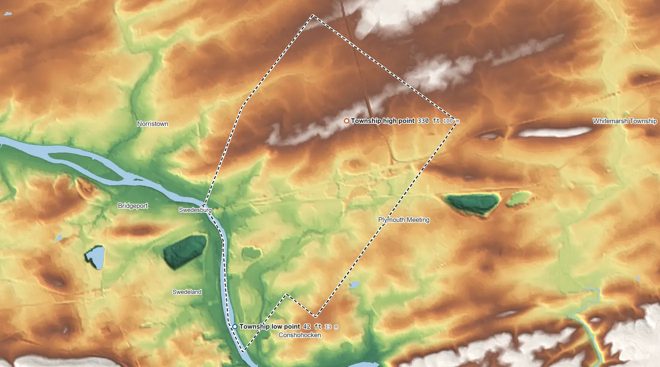 Topographic elevation map of Plymouth Township, Pennsylvania, shaded from 42 ft on the southwest side to 330 ft on the northeast side