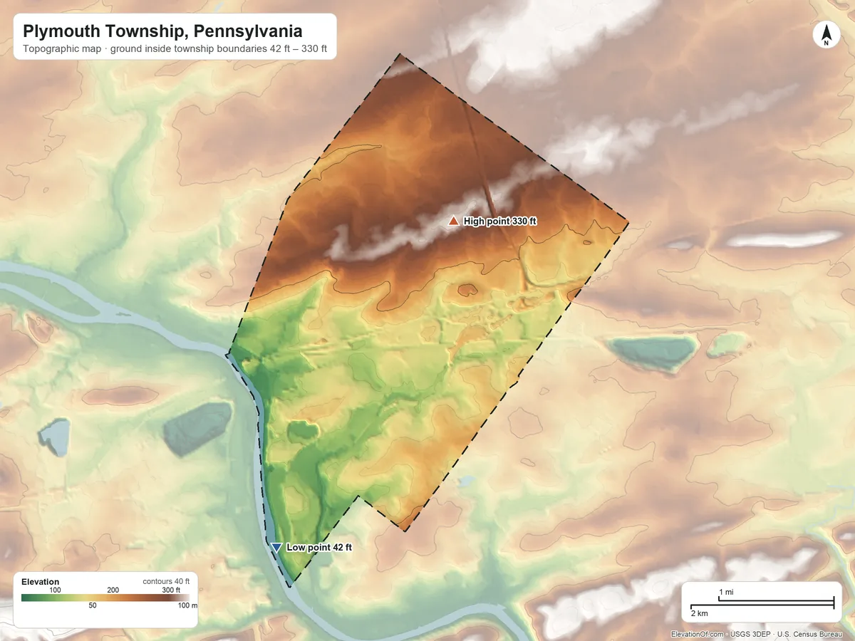 Topographic elevation map of Plymouth Township, Pennsylvania, shaded from 42 ft on the southwest side to 330 ft on the northeast side