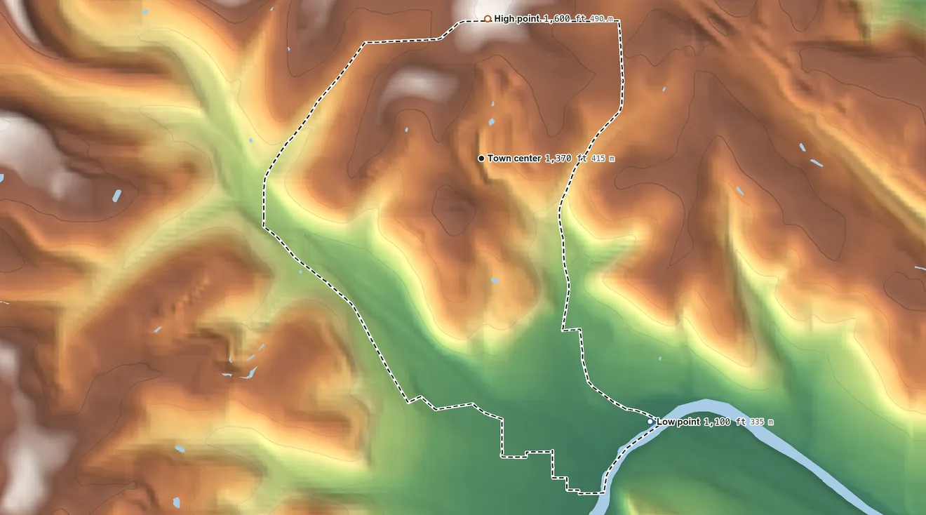 Topographic elevation map of Plymptonville, Pennsylvania, shaded from 1,100 ft on the southeast side to 1,600 ft on the north side