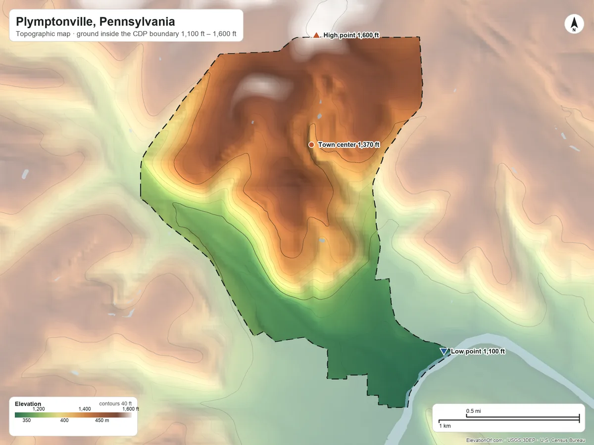 Topographic elevation map of Plymptonville, Pennsylvania, shaded from 1,100 ft on the southeast side to 1,600 ft on the north side