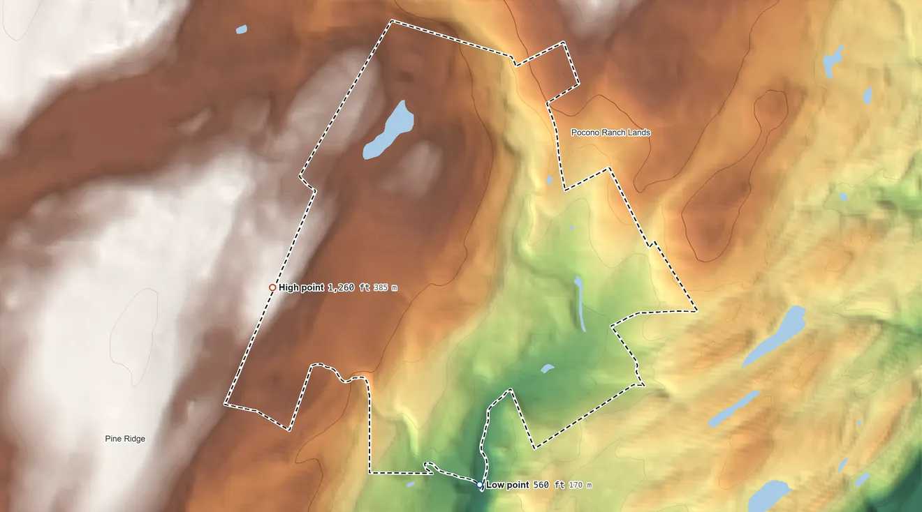 Topographic elevation map of Pocono Mountain Lake Estates, Pennsylvania, shaded from 560 ft on the south side to 1,260 ft on the west side