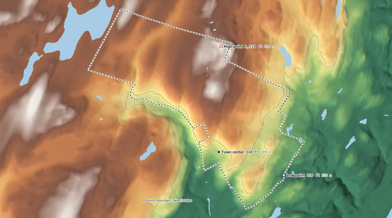 Topographic elevation map of Pocono Ranch Lands, Pennsylvania, shaded from 810 ft on the east side to 1,310 ft on the north side