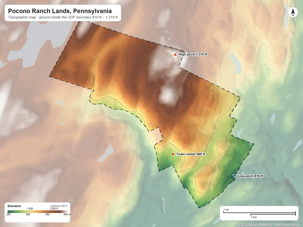 Topographic elevation map of Pocono Ranch Lands, Pennsylvania, shaded from 810 ft on the east side to 1,310 ft on the north side