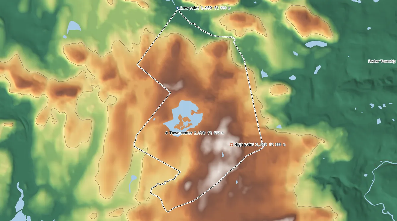 Topographic elevation map of Pocono Springs, Pennsylvania, shaded from 1,900 ft on the north side to 2,160 ft on the east side