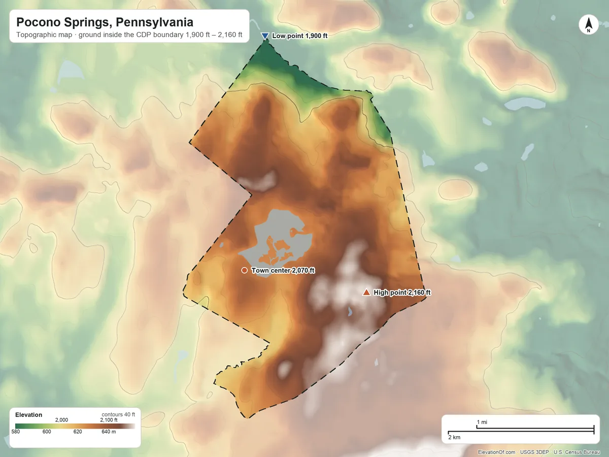 Topographic elevation map of Pocono Springs, Pennsylvania, shaded from 1,900 ft on the north side to 2,160 ft on the east side