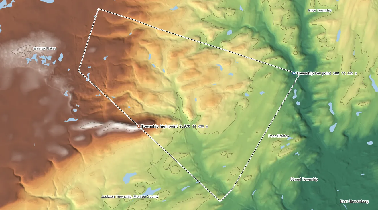 Topographic elevation map of Pocono Township, Pennsylvania, shaded from 580 ft on the east side to 2,070 ft on the west side