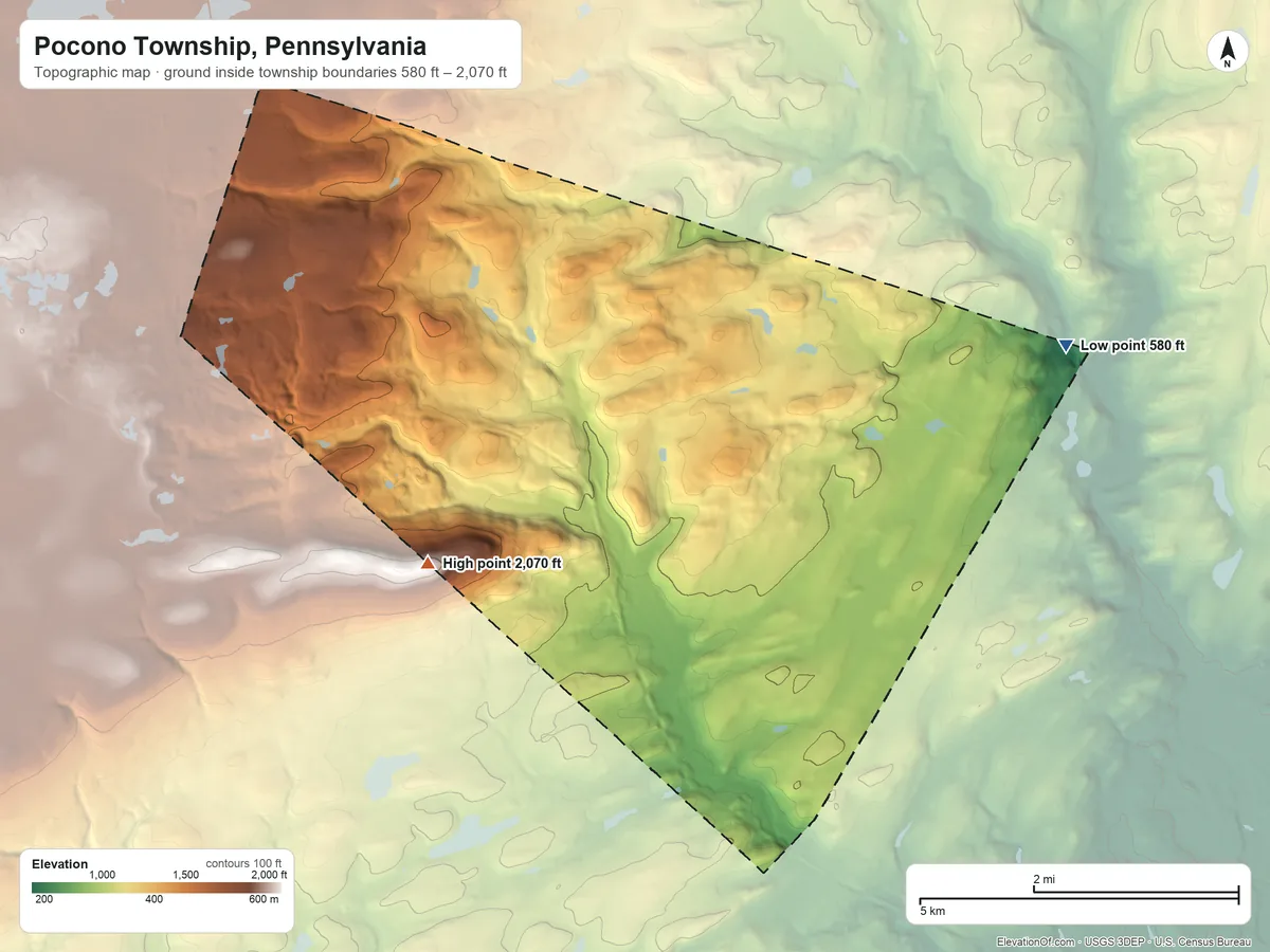 Topographic elevation map of Pocono Township, Pennsylvania, shaded from 580 ft on the east side to 2,070 ft on the west side