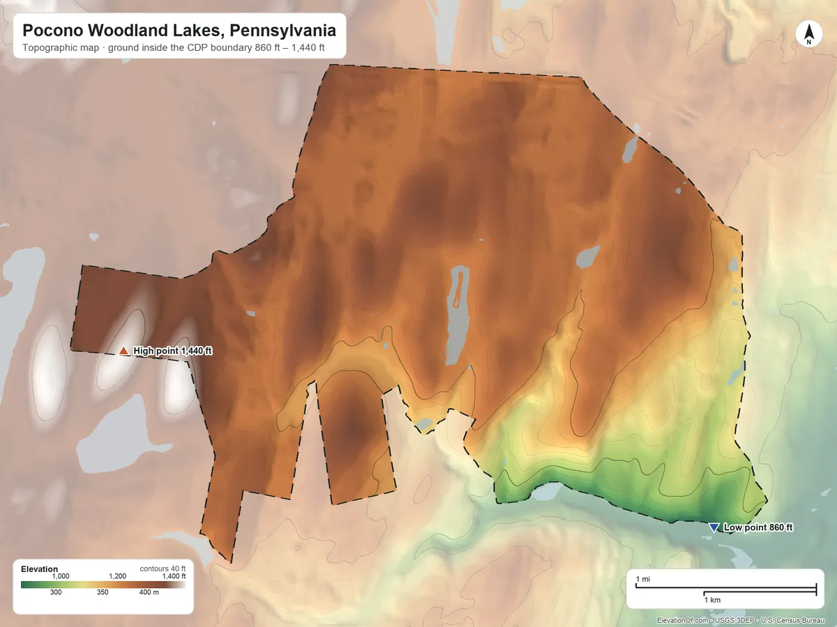 Topographic elevation map of Pocono Woodland Lakes, Pennsylvania, shaded from 860 ft on the southeast side to 1,440 ft on the west side