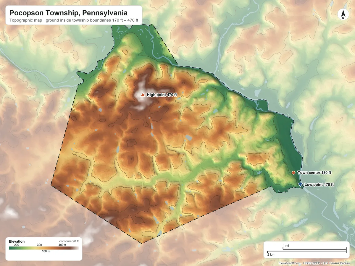 Topographic elevation map of Pocopson Township, Pennsylvania, shaded from 170 ft near the middle to 470 ft on the northwest side
