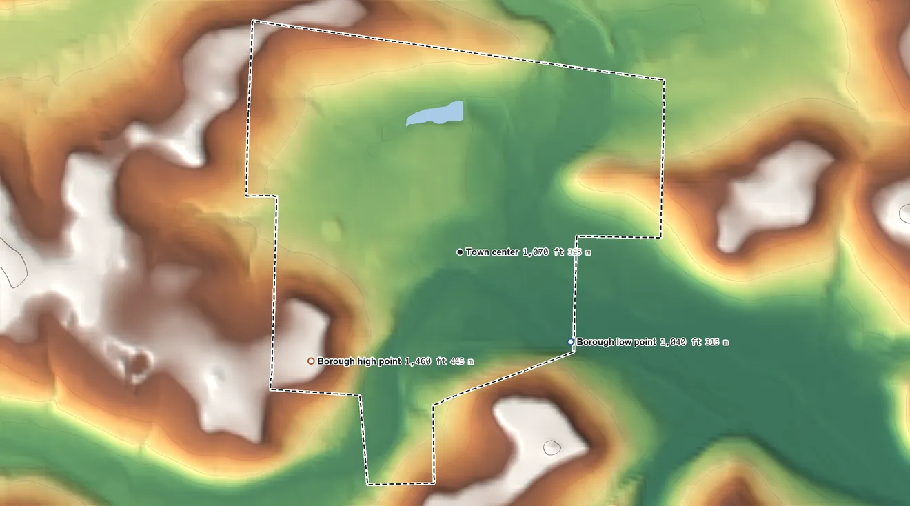 Topographic elevation map of Polk, Pennsylvania, shaded from 1,040 ft on the southeast side to 1,460 ft on the southwest side