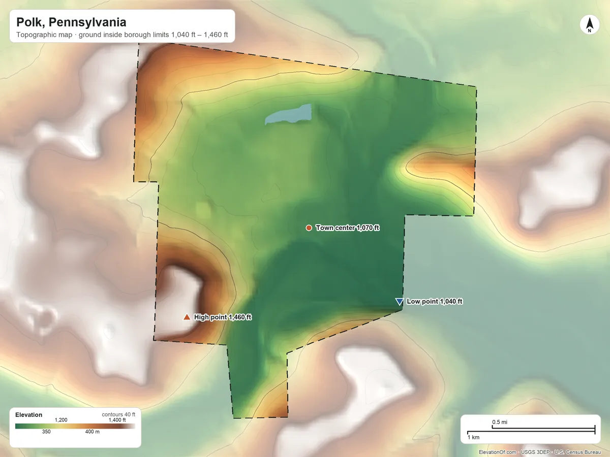 Topographic elevation map of Polk, Pennsylvania, shaded from 1,040 ft on the southeast side to 1,460 ft on the southwest side