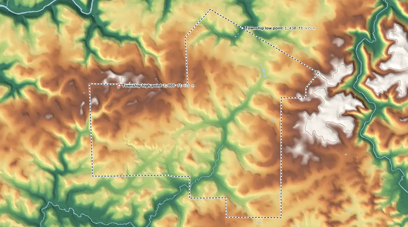 Topographic elevation map of Polk Township, Jefferson County, Pennsylvania, shaded from 1,430 ft on the northeast side to 2,000 ft on the northwest side