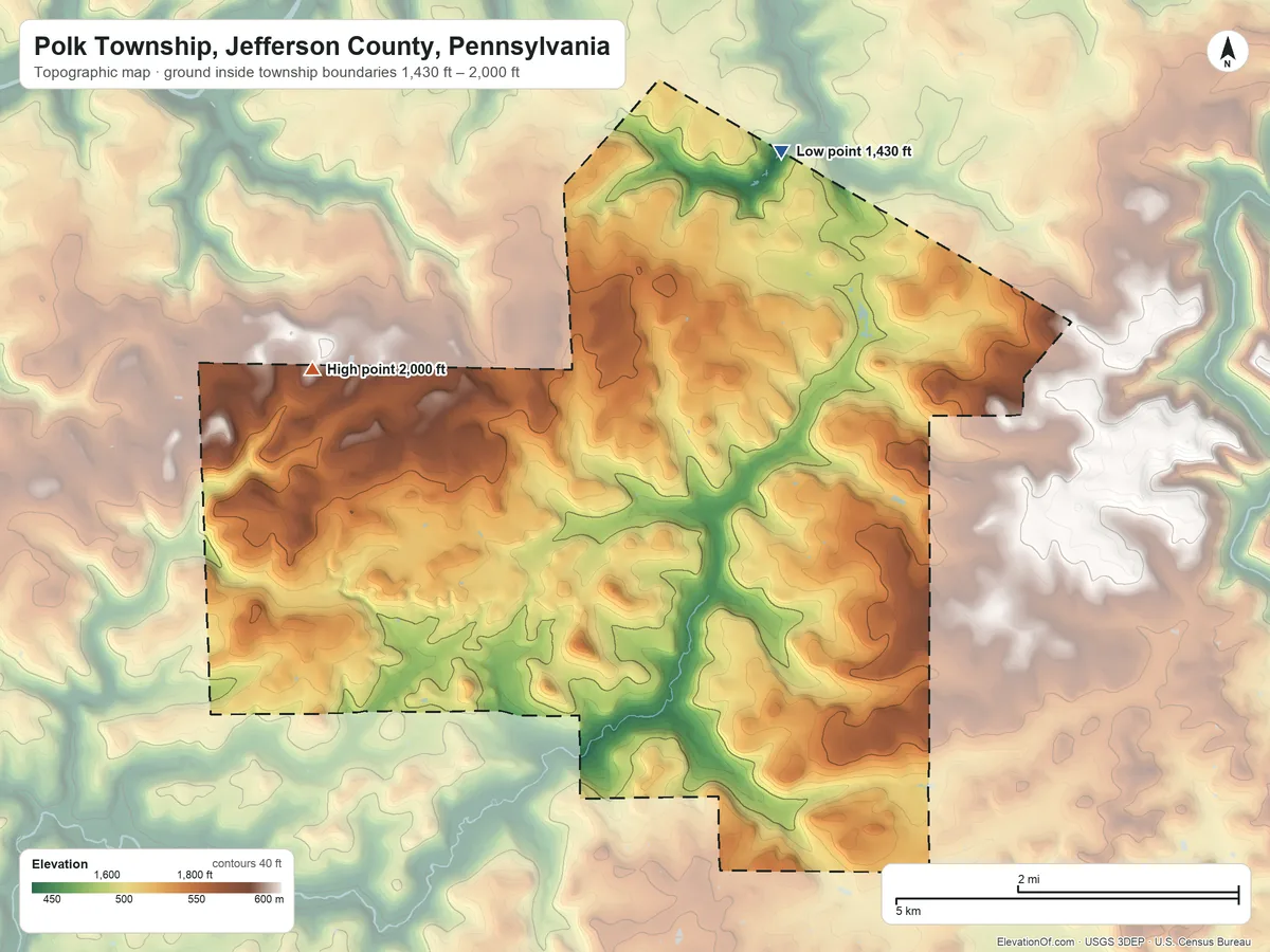 Topographic elevation map of Polk Township, Jefferson County, Pennsylvania, shaded from 1,430 ft on the northeast side to 2,000 ft on the northwest side