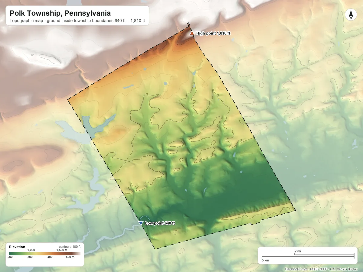 Topographic elevation map of Polk Township, Pennsylvania, shaded from 640 ft on the southwest side to 1,810 ft on the north side