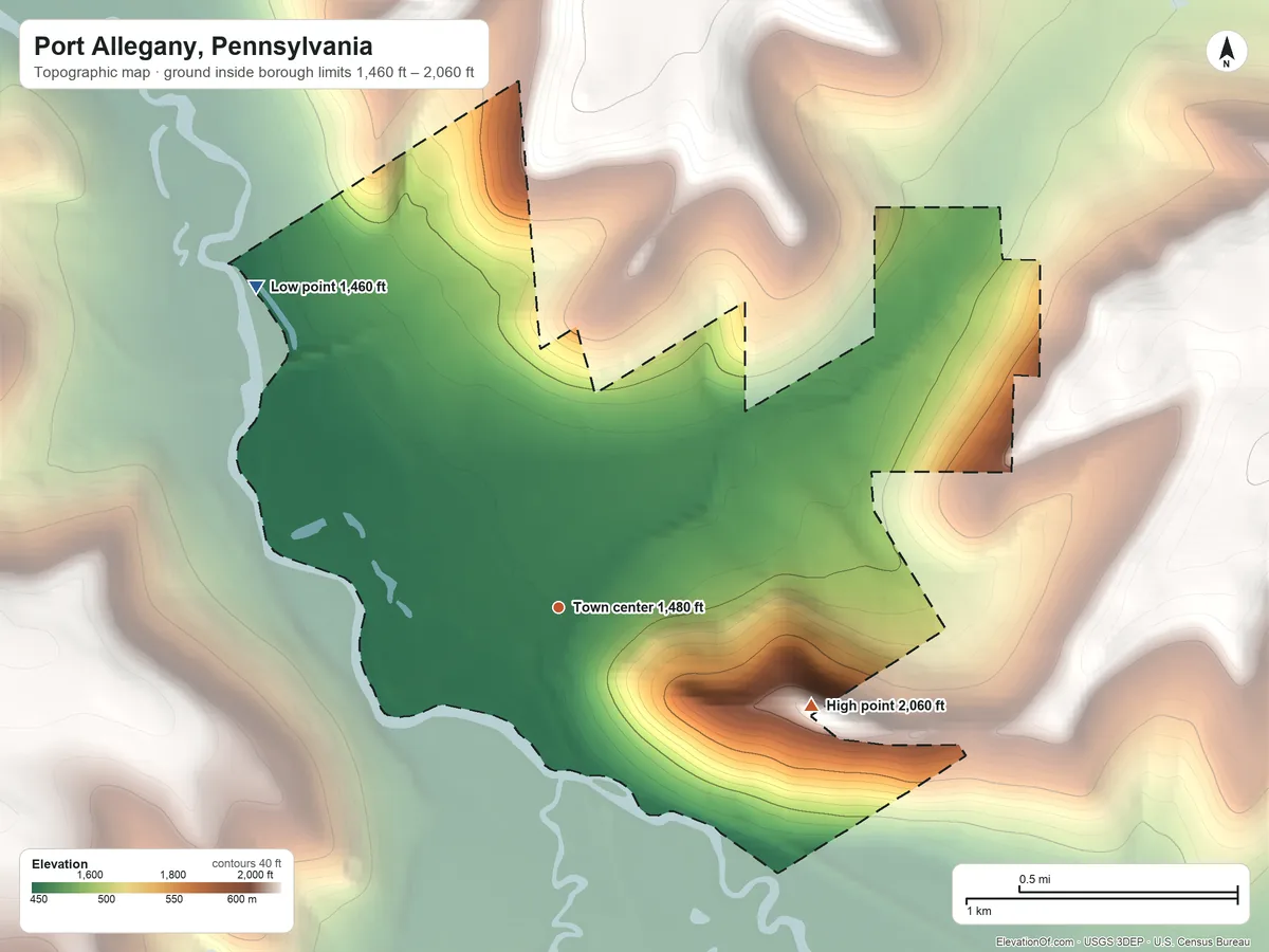 Topographic elevation map of Port Allegany, Pennsylvania, shaded from 1,460 ft on the northwest side to 2,060 ft on the east side