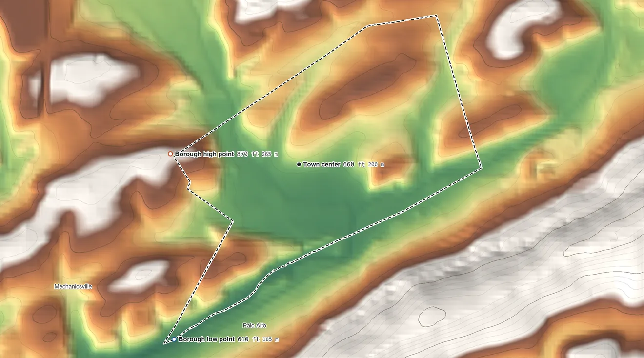 Topographic elevation map of Port Carbon, Pennsylvania, shaded from 610 ft on the southwest side to 870 ft at the foot of the Broad Mountain