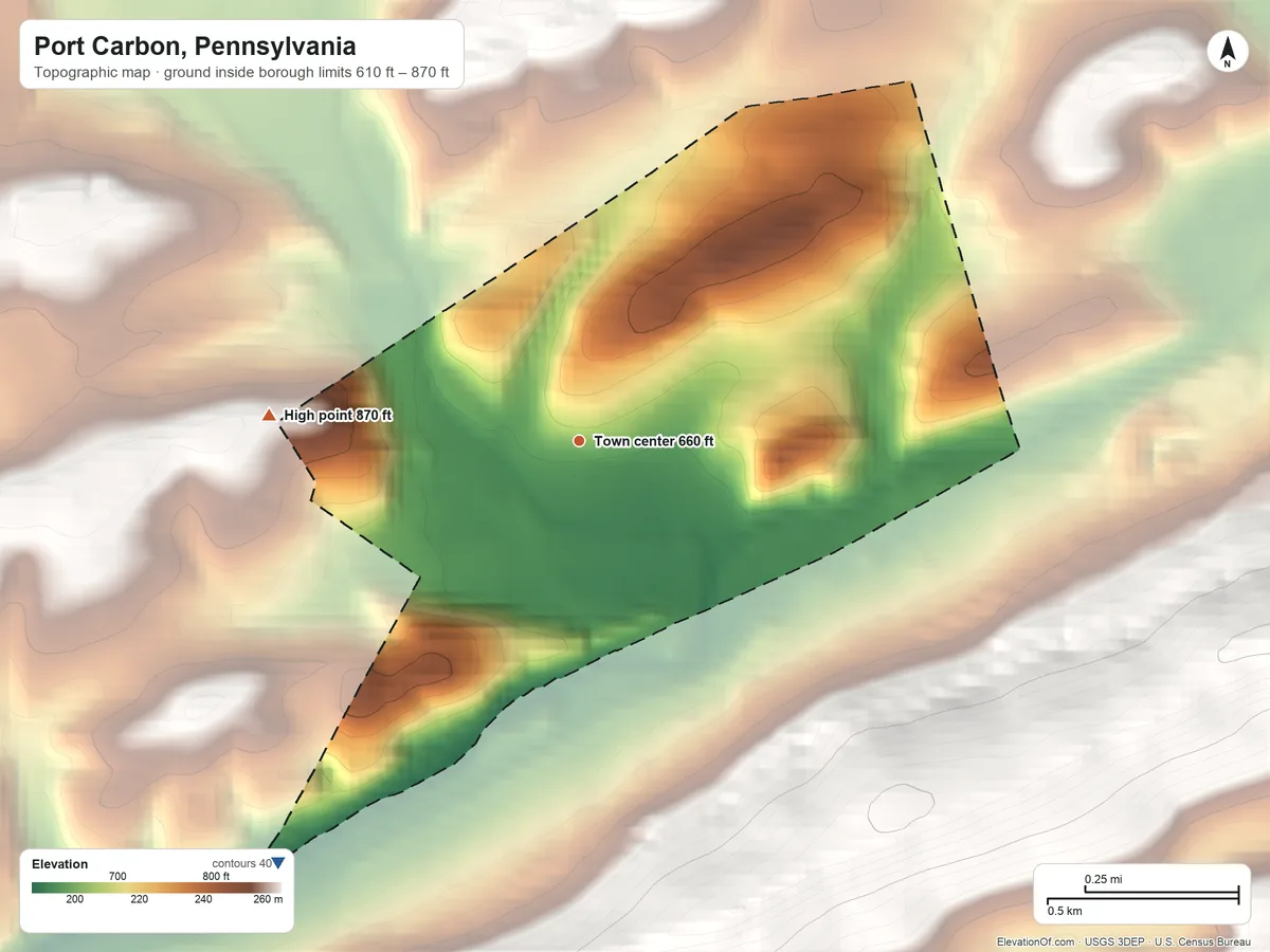 Topographic elevation map of Port Carbon, Pennsylvania, shaded from 610 ft on the southwest side to 870 ft at the foot of the Broad Mountain