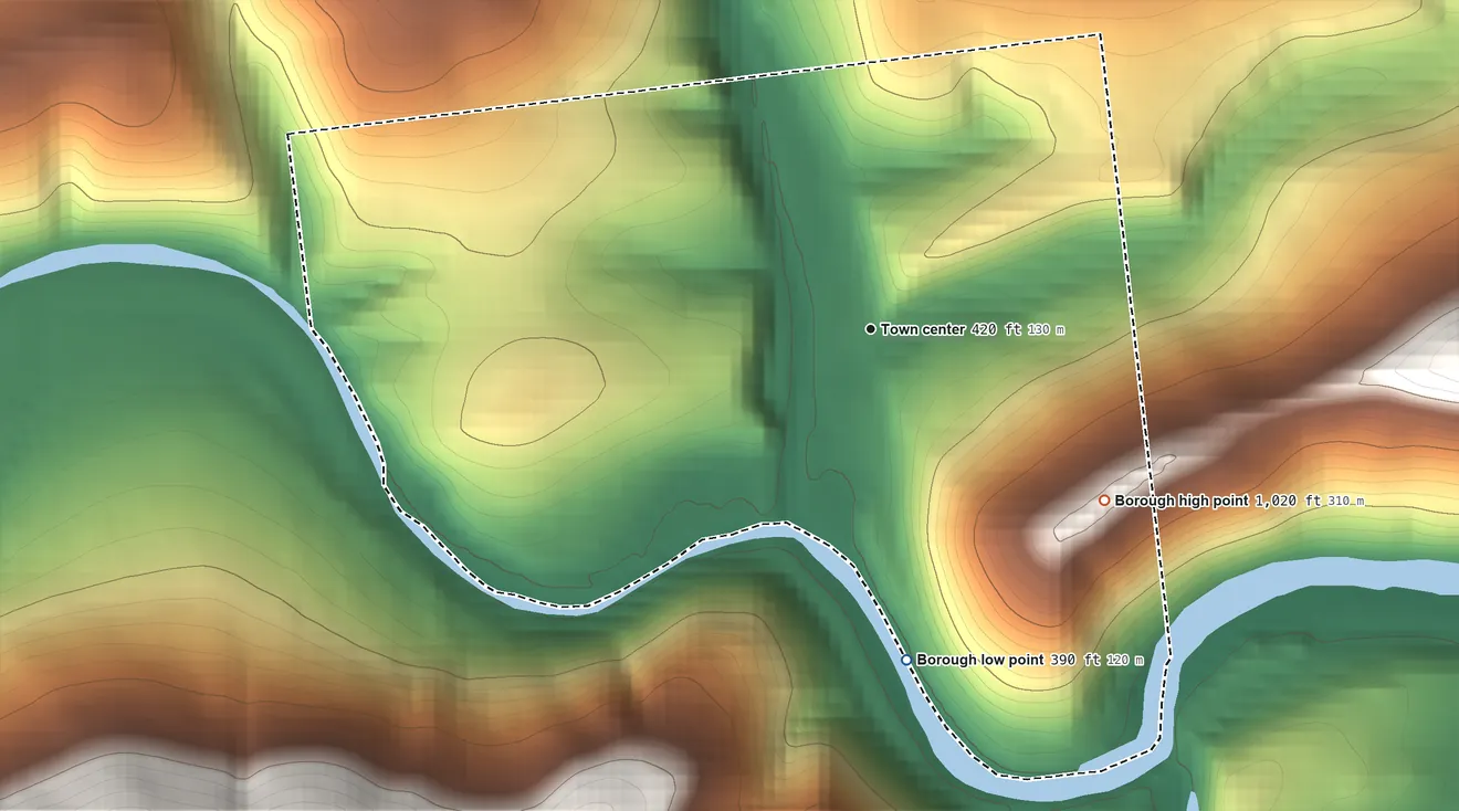 Topographic elevation map of Port Clinton, Pennsylvania, shaded from 390 ft on the south side to 1,020 ft at the foot of the Broad Mountain