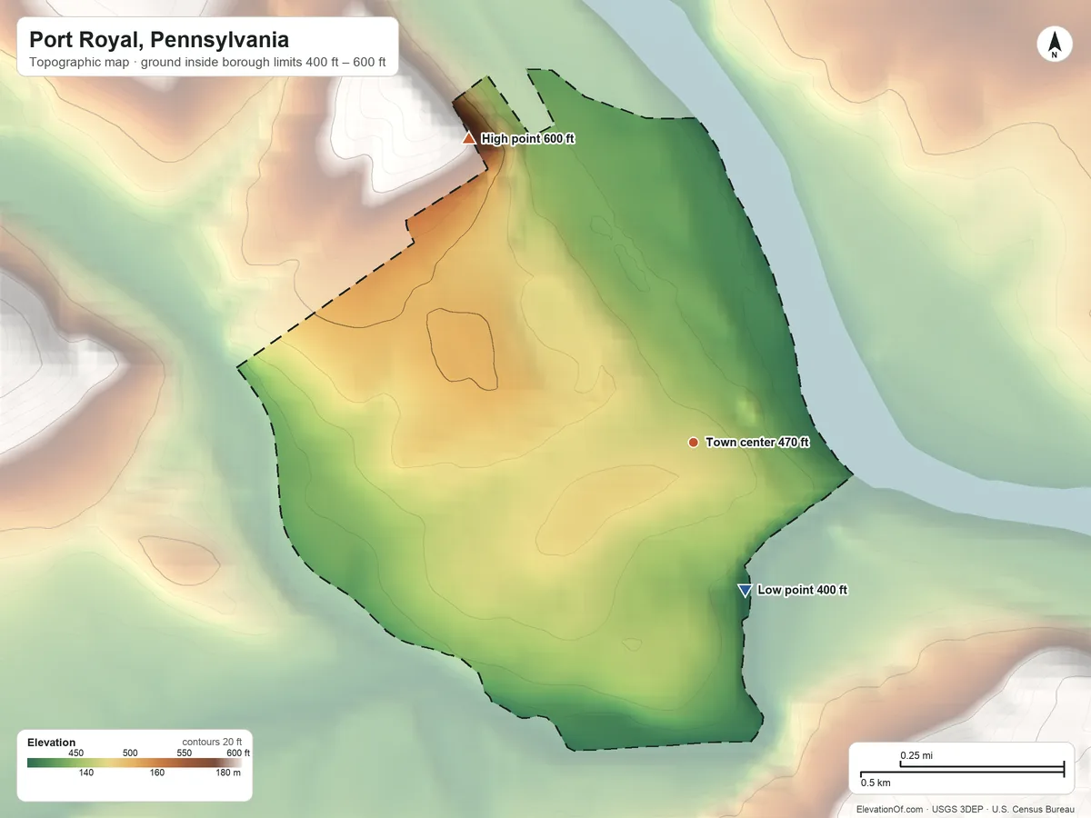 Topographic elevation map of Port Royal, Pennsylvania, shaded from 400 ft on the south side to 600 ft at the foot of the Jacks Mountain