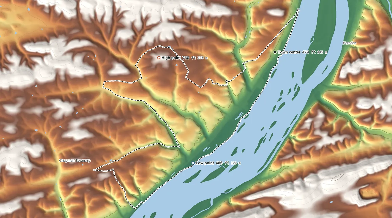 Topographic elevation map of Port Trevorton, Pennsylvania, shaded from 400 ft on the southwest side to 760 ft on the west side