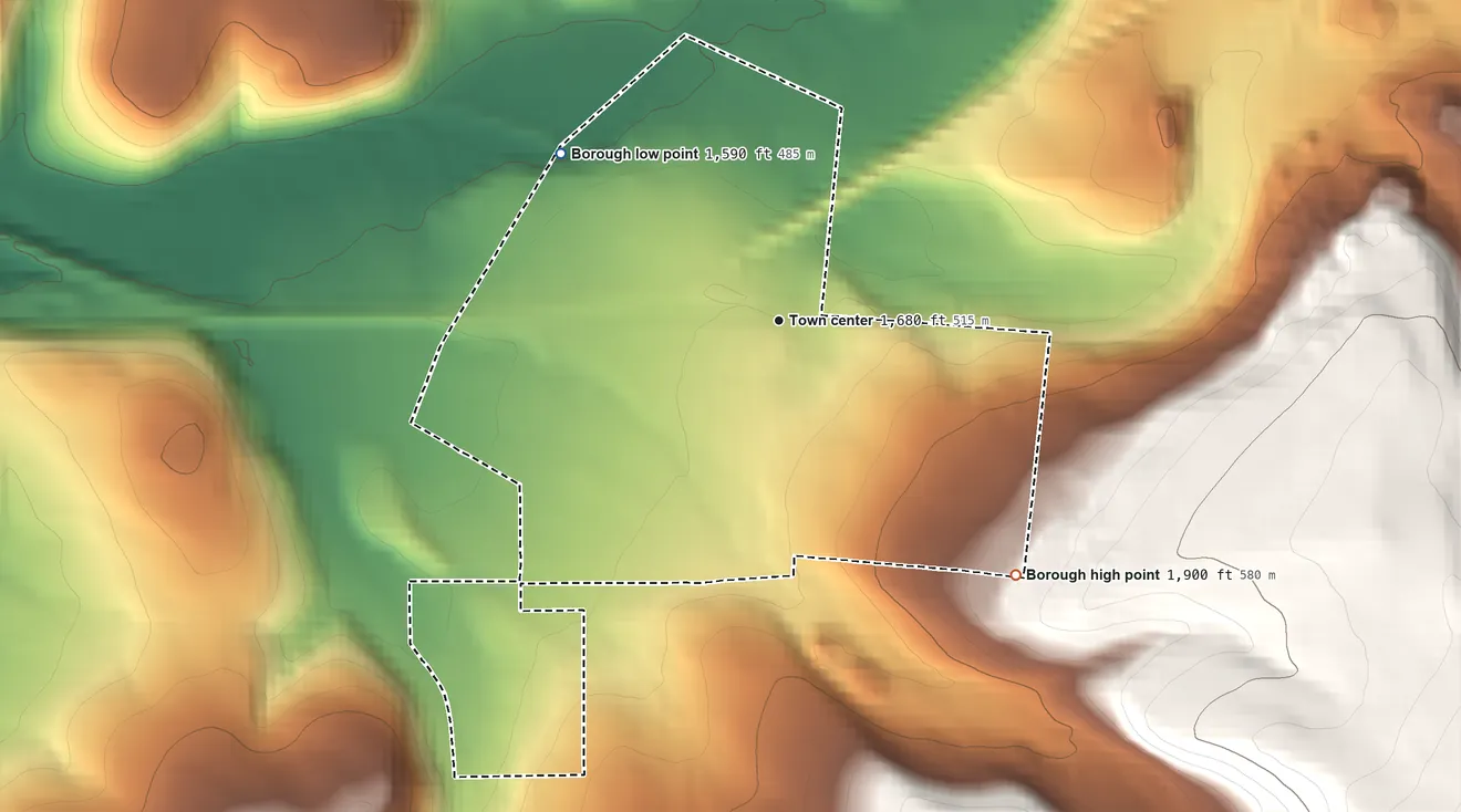 Topographic elevation map of Portage, Pennsylvania, shaded from 1,590 ft on the northwest side to 1,900 ft on the southeast edge, below higher ground just outside