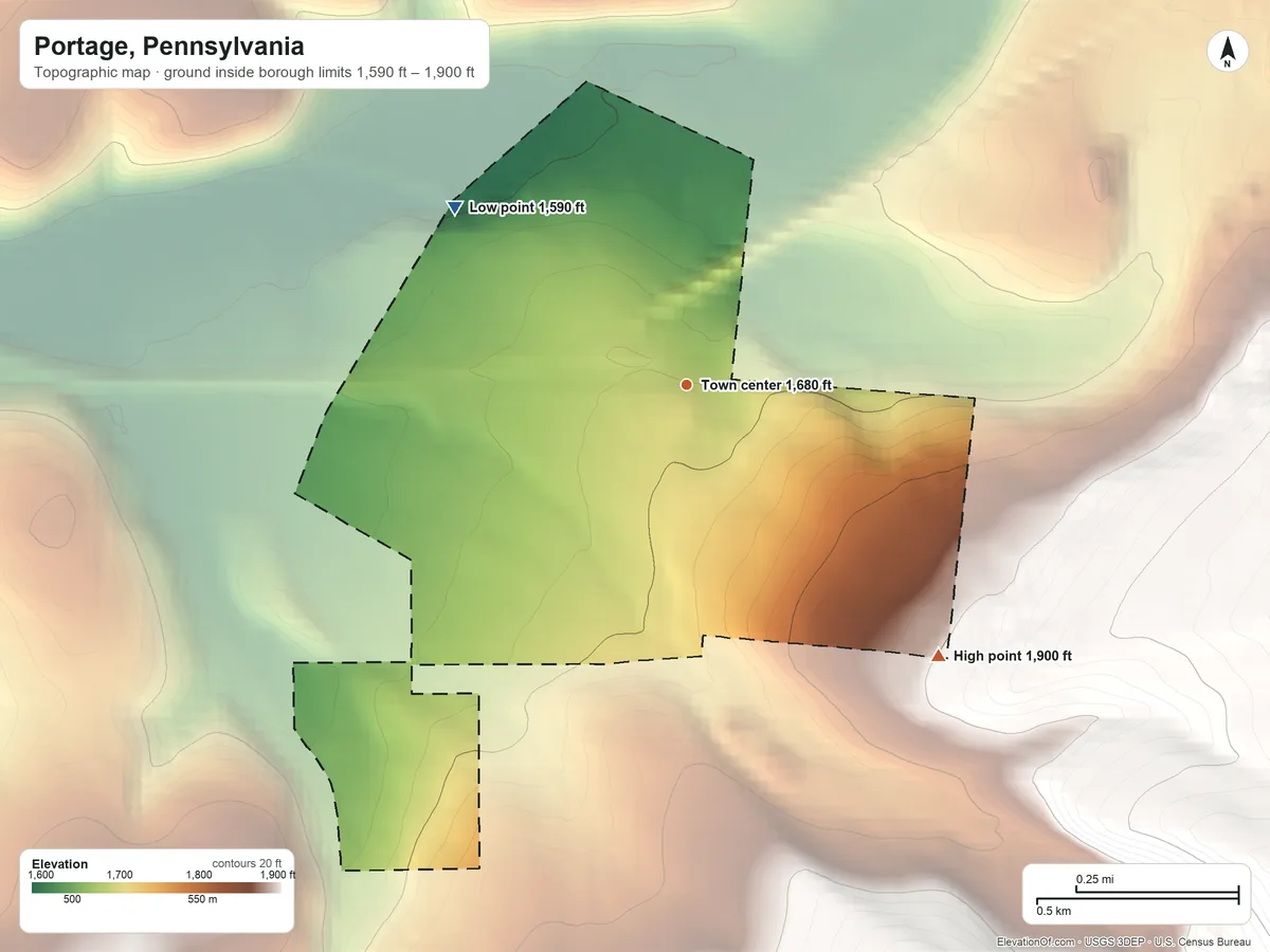 Topographic elevation map of Portage, Pennsylvania, shaded from 1,590 ft on the northwest side to 1,900 ft on the southeast edge, below higher ground just outside