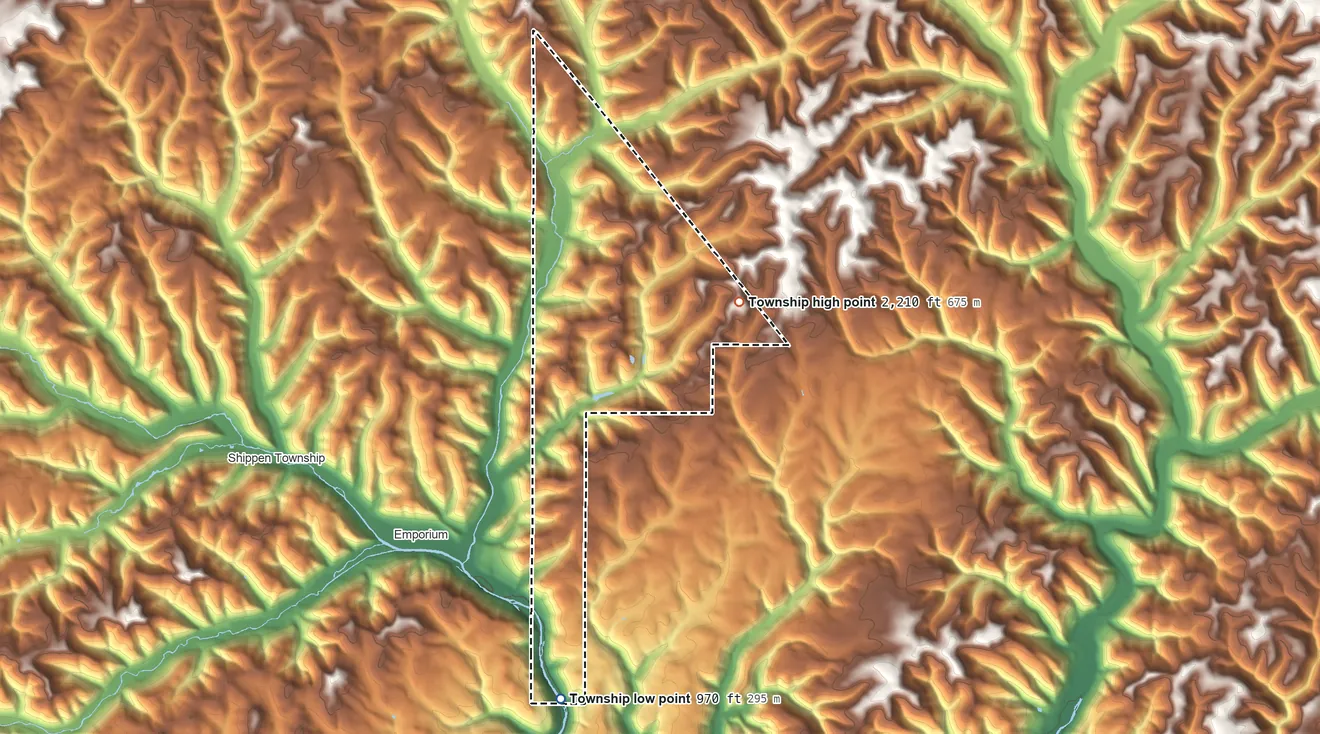 Topographic elevation map of Portage Township, Cameron County, Pennsylvania, shaded from 970 ft on the south side to 2,210 ft on the east side