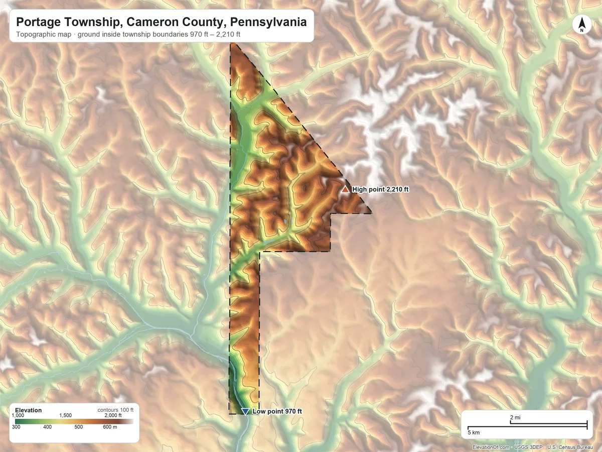 Topographic elevation map of Portage Township, Cameron County, Pennsylvania, shaded from 970 ft on the south side to 2,210 ft on the east side