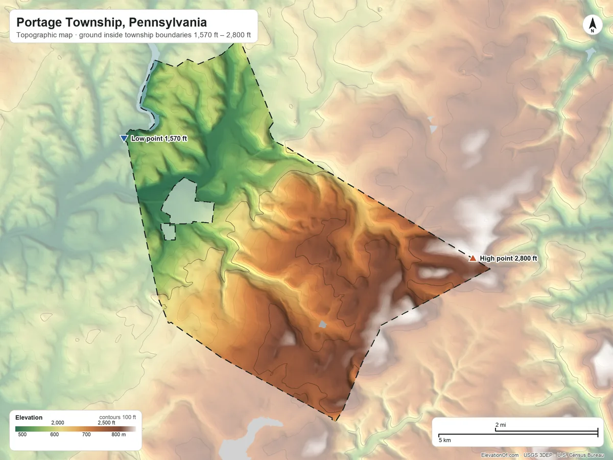 Topographic elevation map of Portage Township, Pennsylvania, shaded from 1,570 ft on the northwest side to 2,800 ft on the east side