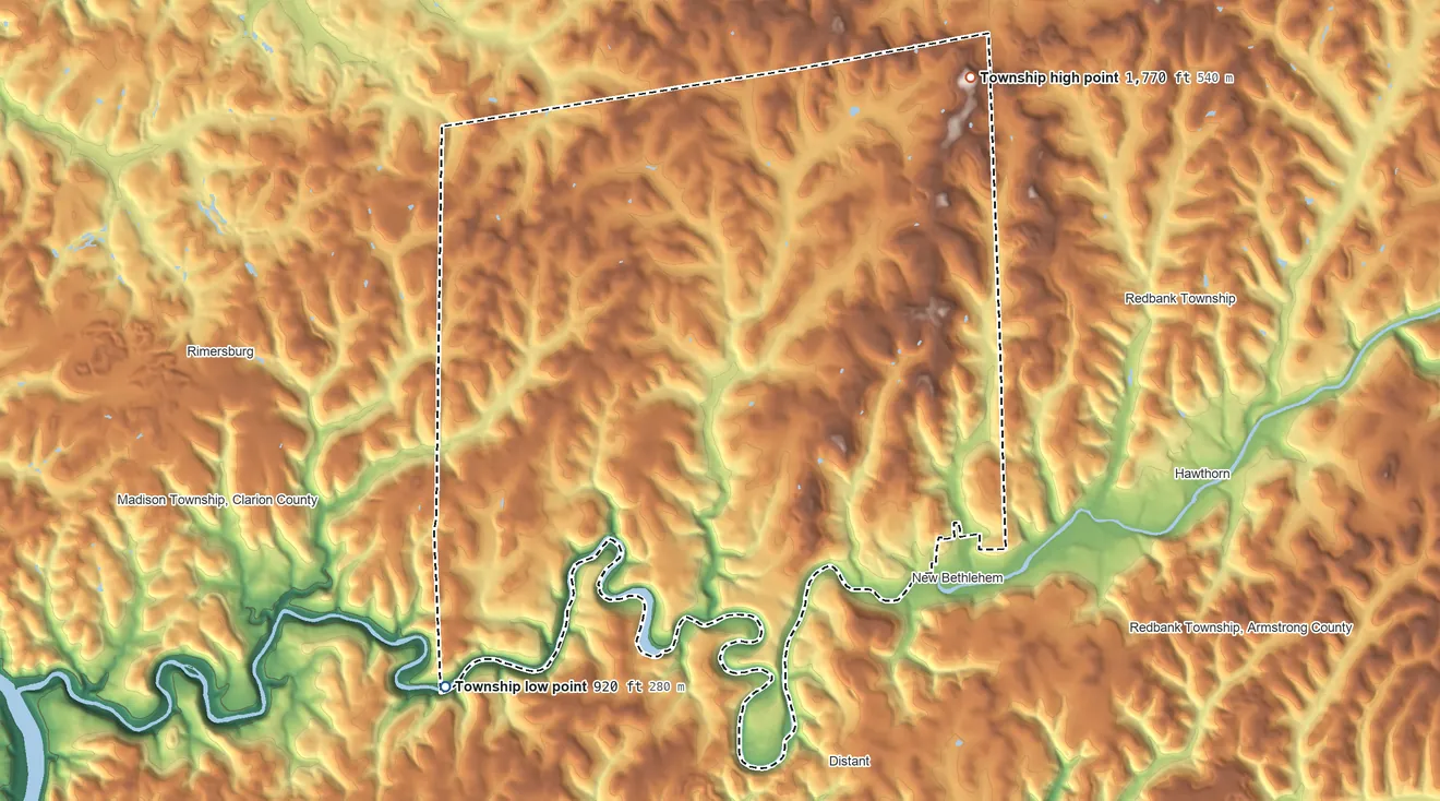 Topographic elevation map of Porter Township, Clarion County, Pennsylvania, shaded from 920 ft on the southwest side to 1,770 ft on the northeast side