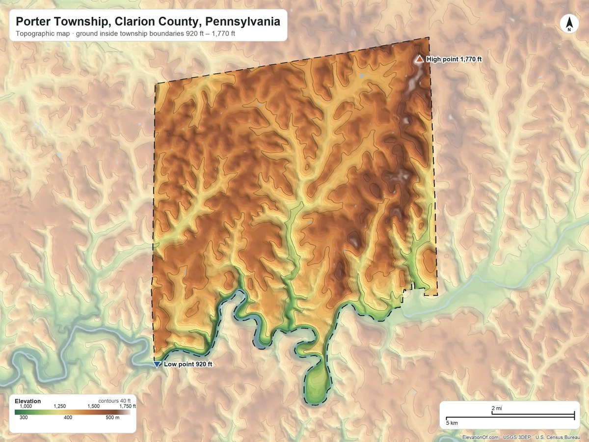 Topographic elevation map of Porter Township, Clarion County, Pennsylvania, shaded from 920 ft on the southwest side to 1,770 ft on the northeast side