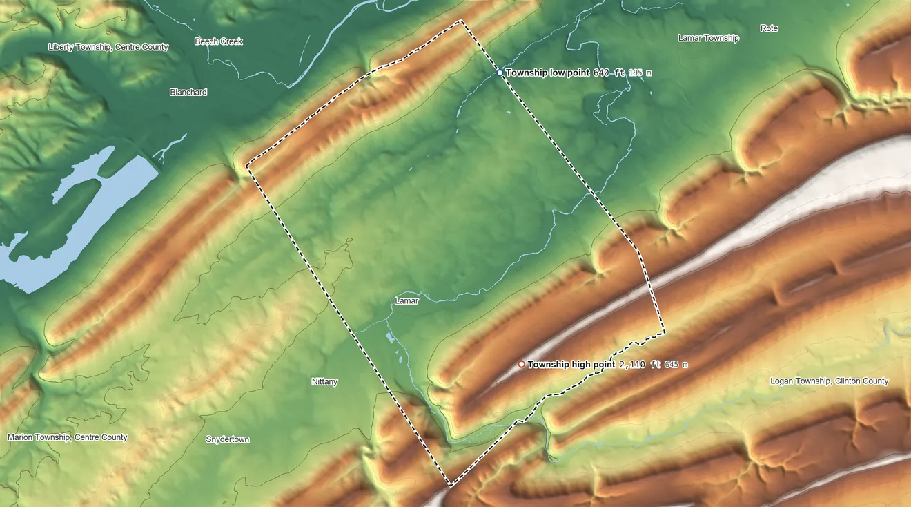 Topographic elevation map of Porter Township, Clinton County, Pennsylvania, shaded from 640 ft on the north side to 2,110 ft on the southeast side