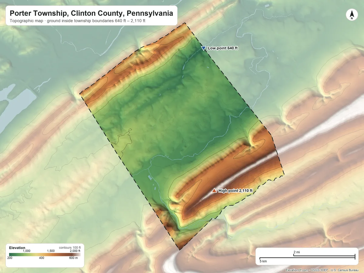 Topographic elevation map of Porter Township, Clinton County, Pennsylvania, shaded from 640 ft on the north side to 2,110 ft on the southeast side