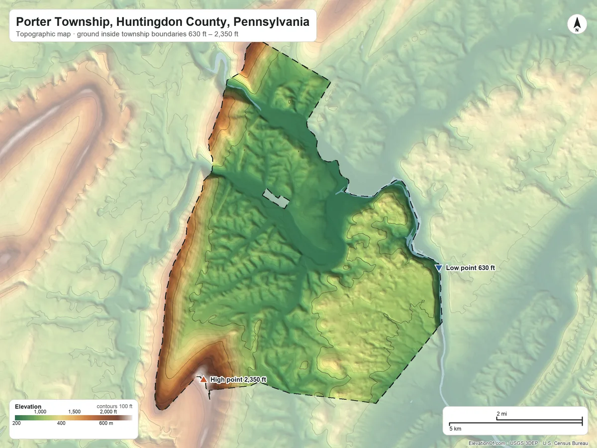 Topographic elevation map of Porter Township, Huntingdon County, Pennsylvania, shaded from 630 ft on the east side to 2,350 ft on the southwest side
