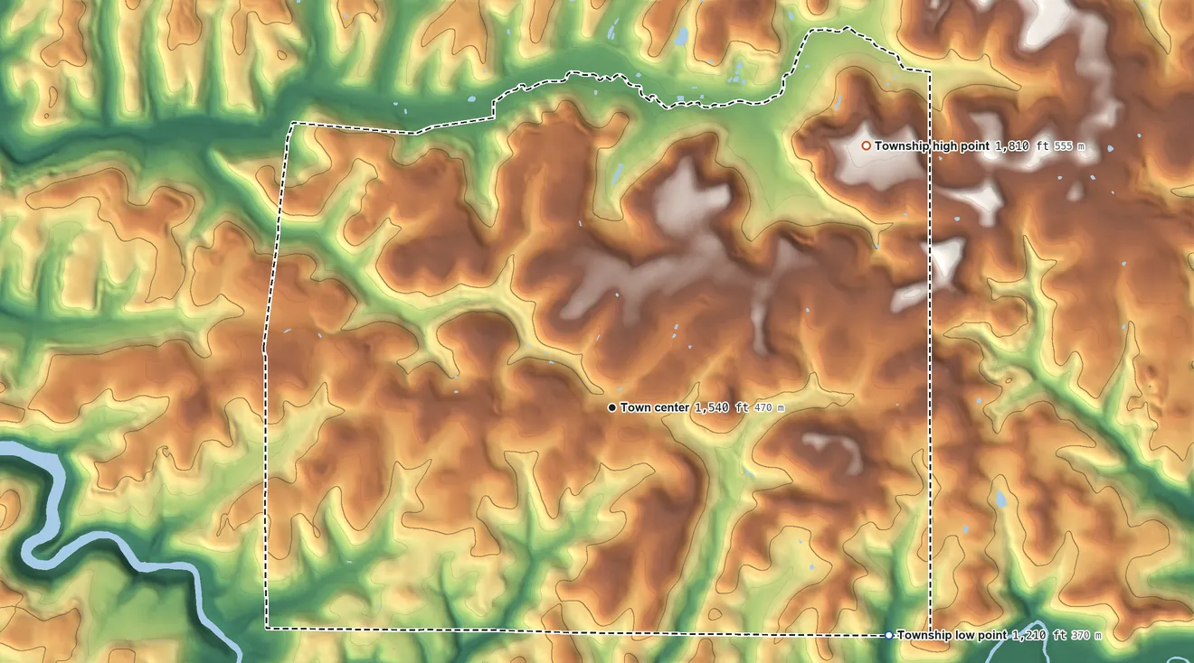 Topographic elevation map of Porter Township, Jefferson County, Pennsylvania, shaded from 1,210 ft on the southeast side to 1,810 ft on the northeast side